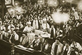Interior of an East End synagogue during a festival, London, 20th century. Artist: Unknown