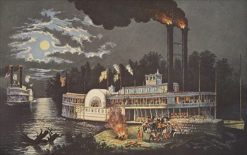 'Wooding Up' On The Mississippi, pub. 1863, Currier & Ives (Colour Lithograph)
