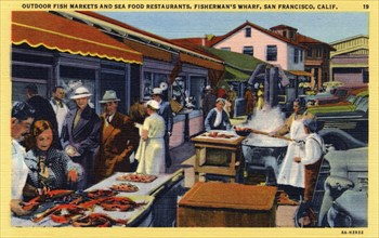 Fish market and seafood restaurants, Fisherman's Wharf, San Francisco, California, USA, 1938. Artist: Unknown