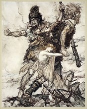 'Fasolt suddenly seizes Freia and drags her to one side with Fafner', 1910.  Artist: Arthur Rackham