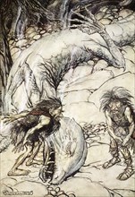 'The dwarves quarrelling over the body of Fafner', 1924.  Artist: Arthur Rackham