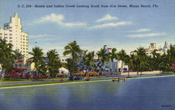 Hotels and Indian Creek looking south from 41st Street, Miami Beach, Florida, USA, 1946. Artist: Unknown
