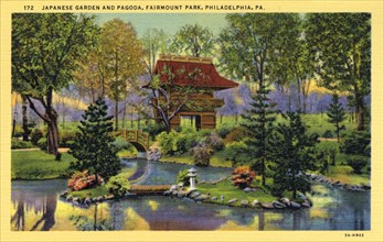 Japanese garden and pagoda, Fairmont Park, Philadelphia, Pennsylvania, USA, 1933. Artist: Unknown