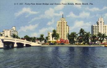 41st Street Bridge and ocean front hotels, Miami Beach, Florida, USA, 1946. Artist: Unknown