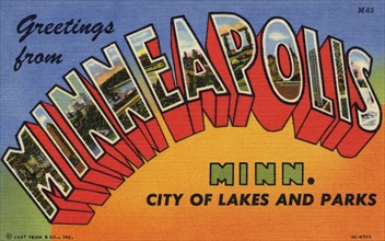 'Greetings from Minneapolis, Minnesota, City of Lakes and Parks', postcard, 1950. Artist: Unknown