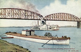 Merchants Bridge and the paddle steamer 'Spread Eagle', St Louis, Missouri, USA, 1908. Artist: Unknown