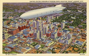 'United States dirigible passing over Houston, Texas' largest city', USA, 1934. Artist: Unknown