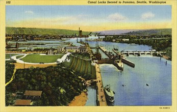 Canal locks, Lake Washington Ship Canal, Seattle, Washington, USA, 1935. Artist: Unknown