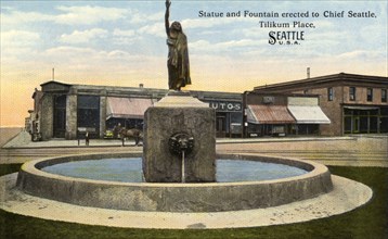 Statue and fountain dedicated to Chief Seattle, Tilikum Place, Seattle, Washington, USA, 1913. Artist: Unknown