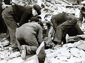 Rescue scene after a German night air raid on London, World War II, 22 March 1944. Artist: Unknown