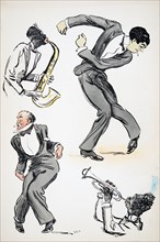 Two men in suits dancing while two musicians play the saxophone and trumpet, from 'White Bottoms' pu