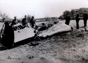 The wreckage of Rudolf Hess's Messerschmidt Bf 110 aircraft, Scotland, World War II, May 1941. Artist: Unknown