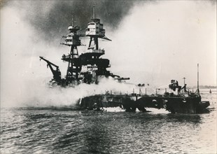 American battleship USS 'Nevada', Pearl Harbour, Hawaii, World War II, 7 December 1941. Artist: Unknown