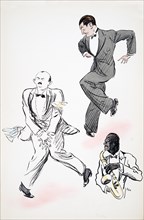 Two gentleman in black tie dancing to jazz, played by a musician on the saxophone, from 'White Botto
