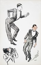 Two men in black tie dance to a musician on the saxophone, from 'White Bottoms' pub. 1927.