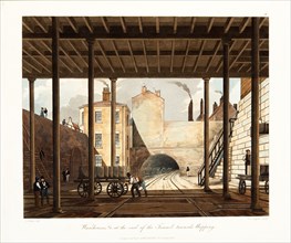 'Warehouses &c at the end of the Tunnel towards Wapping', London, c1831. Artist: Thomas Talbot Bury.