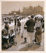 Beach Scene from Harper's Weekly, pub. 1900 (coloured lithograph)