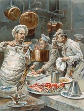 In the Kitchen preparations for Christmas Eve Dinner in a Paris Restaurant, from L'Illustration, p