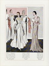 Design for Evening Dresses by Depouy-Magnin, Worth, and Redfern, pub. 1931 (colour lithograph). Creator: French School (20th Century).