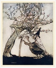 Tree of Mine! O tree of mine! Have you seen my naughty little maid?, English Fairy Tales, pub 1922. Creator: Arthur Rackham (1867 - 1939).