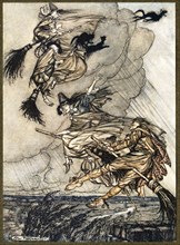 Hey! Up the chimney, lass! Hey, after you!, from The Ingoldsby Legends, pub. 1907. Creator: Arthur Rackham (1867 - 1939).
