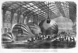 Manufacture of Mail Balloons at Gare d'Orleans during the Siege of Paris, pub. 1871 (engraving). Creator: Charles Fichot (1817 - 1903).
