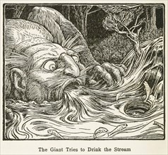 The Giant Tries to Drink the Stream, from Europa's Fairy Book, pub. 1916. Creator: John Dickson Batten (1860 - 1932).