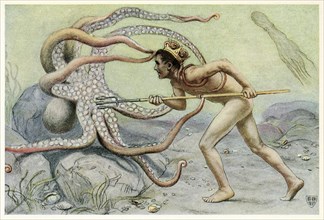 He was very brave and strong, ? and battled with the great octopus from The Great Sea Horse, 1909. Creator: John Elliot (1859 - 1925).