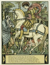 The Prince asks directions, from The Blue Beard Picture Book, pub. 1879 (colour lithograph), 1879. Creator: Walter Crane (1845 - 1915).