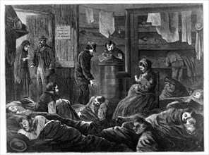 Underground Lodgings for the Poor, Greenwich Street, New York, from Harper's Weekly, pub. 1869. Creator: Paul Frenzeny (1840-1902).