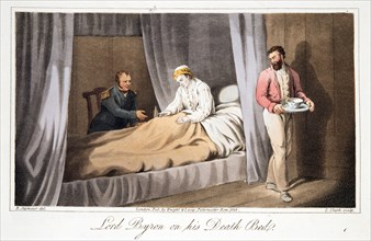 Lord Byron on his death bed, pub. 1825. Creator: Robert  Seymour (1798 - 1836).