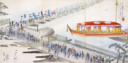 Attending a Festival: crossing a pontoon bridge to the sacred site. Creator: Japanese School (19th century).