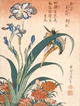 Kingfisher, Irises and Pinks, published c1834. Creator: Katsushika Hokusai (1760-1849).