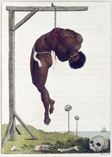 A Negro hung alive by the Ribs to a Gallows, pub. 1796. Creator: John Gabriel Stedman (1744-97).