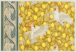 Design for Wallpaper "Cockatoos with Lemons" and Wallpaper Border with "Flying Fish",  pub. 1897. Creator: Maurice Pillard Verneuil (1869?1942).
