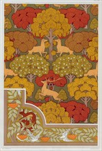 Designs for wallpaper and wallpaper border "Deer in the Trees", pub. 1897. Creator: Maurice Pillard Verneuil (1869?1942).