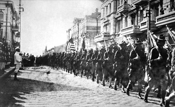 American troops parading in Vladivostok, Russia, 1918. Artist: Anon