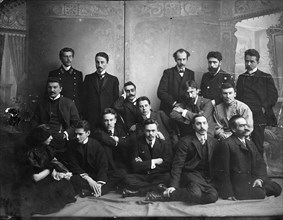 Russian author and poet Andrei Bely with symbolist authors, 1907. Artist: Unknown
