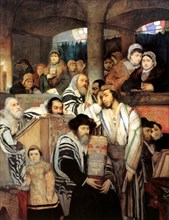 'Jews praying in the Synagogue on Yom Kippur', 1878.  Artist: Maurycy Gottlieb