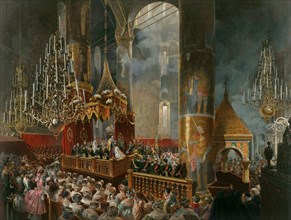 The crowning of Tsarina Maria Alexandrovna of Russia, Moscow, 1856.  Artist: Mihály Zichy