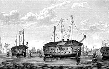 Danish prison-ships 'Dronning Maria' and 'Waldemar', Copenhagen, 1848-1849.  Artist: Anon