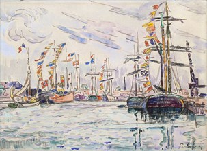 'Sailboats with Holiday Flags at a Pier in Saint-Malo', 1920s.  Artist: Paul Signac