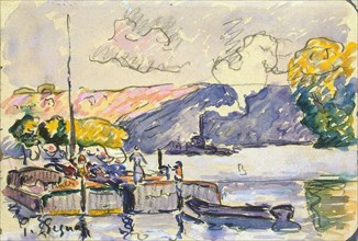 'Two Barges, Boat, and Tugboat in Samois', c1900.  Artist: Paul Signac