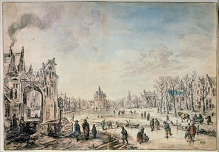'Winter Landscape with Skaters', Dutch painting of 17th century. Artist: Aert van der Neer