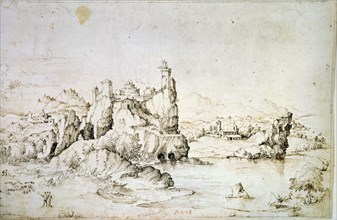 A Castle on a Rock in Mountainscape', 1540.  Artist: Gherardo Cibo