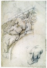 'Decoration of a wall over an entrance arch with a Prophet and two Puttos', c1525. Artist: Perino del Vaga