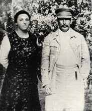 Soviet leader Josef Stalin with his second wife Nadezhda Alliluyeva, late 1920s. Artist: Unknown