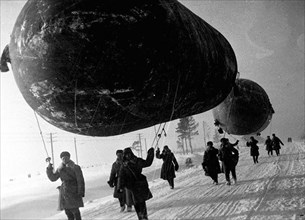 Barrage balloons near Moscow, USSR, World War II, 1941 Artist: Unknown
