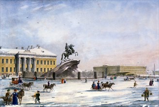 Monument of Peter the Great in the Senate Square of St Petersburg, Russia, winter, 1822. Artist: Anon