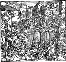 Siege of a fortress. Illustration from the book Phisicke Against Fortune by Petrarch, 1532.